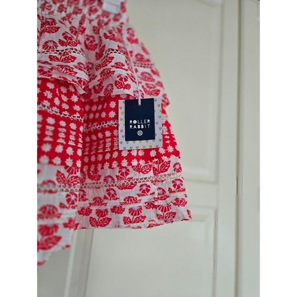 Roller Rabbit Skirt Red Floral Ruffle Skater Elastic Waist Cotton Womens XS -NEW - Picture 2 of 4